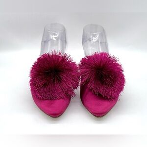 Birdies The Dove Satin Fuchsia Pink Pom-Pom Mule Slipper Slip on Flat Size: 7